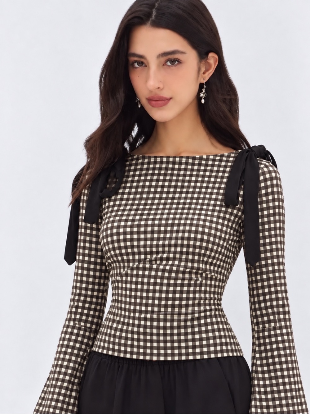 🌺 Cider Black & White Gingham Tie-Shoulder Long-Sleeve Top